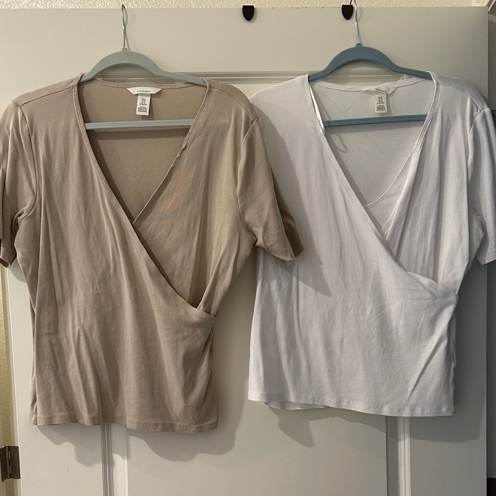 H&M Beige and White V-Neck Wrap Blouses